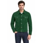 Heritage green suede jacket featuring button closure and chest pockets, front view