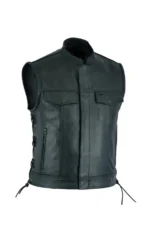 Jason Momoa Inspired Black Leather Biker Vest crafted from premium genuine leather with a stand collar, front zipper closure, lace-up sides, and multiple utility pockets.