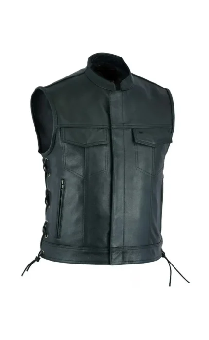 Jason Momoa Inspired Black Leather Biker Vest crafted from premium genuine leather with a stand collar, front zipper closure, lace-up sides, and multiple utility pockets.