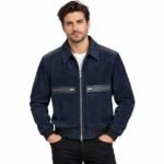 Navy blue suede jacket with pointed collar and silver front zipper
