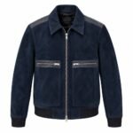 Navy blue suede jacket with structured back and contrasting shoulder panels