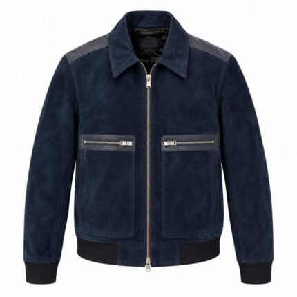 Navy blue suede jacket with structured back and contrasting shoulder panels