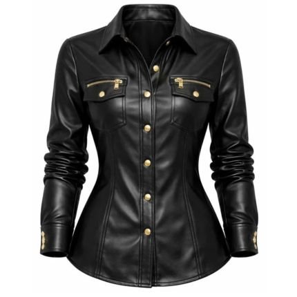 Sophie Turner Inspired Black Leather Shirt Jacket
