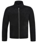 Men's Black Suede Cafe Racer Jacket with Stand Collar, Front Zipper Closure, Soft Suede Finish, Side Pockets, and Classic Slim Fit Design