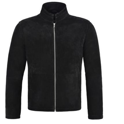 Men's Black Suede Cafe Racer Jacket with Stand Collar, Front Zipper Closure, Soft Suede Finish, Side Pockets, and Classic Slim Fit Design