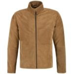 Men's Tan Suede Cafe Racer Jacket with Stand Collar, Front Zipper Closure, Soft Suede Finish, Side Pockets, and Tailored Slim Fit Design