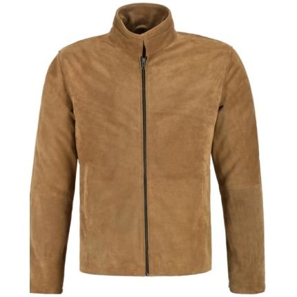Men's Tan Suede Cafe Racer Jacket with Stand Collar, Front Zipper Closure, Soft Suede Finish, Side Pockets, and Tailored Slim Fit Design