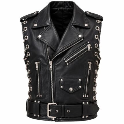 Black punk leather vest featuring notched lapels, multiple zippered pockets, silver studs, grommets, and decorative chains