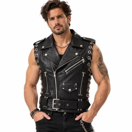 Lenny Kravitz inspired black punk leather vest with asymmetrical zipper, silver hardware, side chains, and buckle belt
