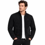 Black suede cafe racer jacket with raised collar and full front zipper