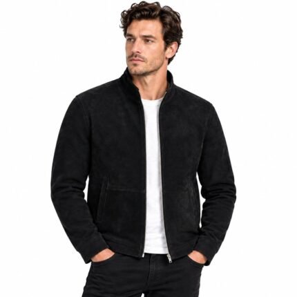 Black suede cafe racer jacket with raised collar and full front zipper