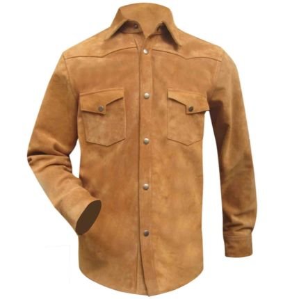 Miles Teller Inspired Tan Suede Leather Shirt with button-front closure, shirt collar, and dual chest pockets