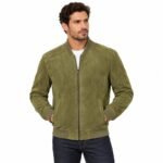 Moss olive green suede leather jacket with ribbed collar and front zipper