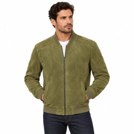 Moss olive green suede leather jacket with ribbed collar and front zipper