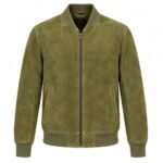 Moss olive green suede leather jacket with structured back and stitched panel details