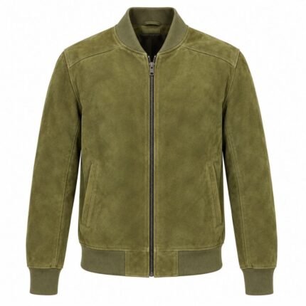 Moss olive green suede leather jacket with structured back and stitched panel details