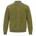 Moss olive green suede leather jacket with textured suede finish, ribbed trim, and pocket details