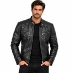 Black cafe racer leather jacket with snap collar and zippered chest pockets on a male model