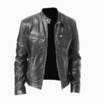 Black cafe racer leather jacket with snap collar.