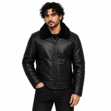 Men's black bomber leather jacket with plush black collar and full zip closure