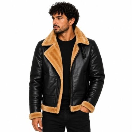 Men's black shearling leather jacket with tan fur collar, cuffs, and hem