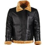 Orlando Bloom Inspired Black Shearling Leather Jacket with B-3 Aviator Bomber Design for Men