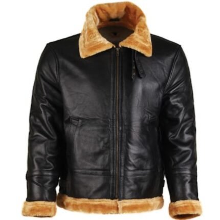 Orlando Bloom Inspired Black Shearling Leather Jacket with B-3 Aviator Bomber Design for Men