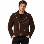 Dark brown suede leather jacket with asymmetric zipper, lapels, and belted waist