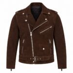 Dark brown suede leather jacket with structured back, shoulder details, and stitched panels
