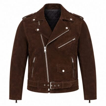 Dark brown suede leather jacket with structured back, shoulder details, and stitched panels
