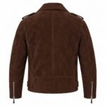 Dark brown suede leather jacket with silver zippers, snap details, pockets, and belt hardware
