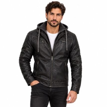 Pedro Pascal inspired black hooded leather jacket with fleece-lined hood, silver zippers, quilted sleeves, and ribbed hem