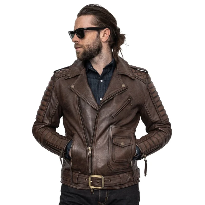 Hugh Jackman Inspired Brown Leather Biker Jacket crafted from premium genuine leather with a vintage brown finish, front zipper closure, quilted biker detailing, and a tailored fit.