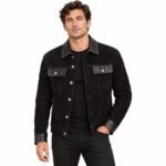 Black suede leather jacket with contrast collar, flap pockets, and silver snap buttons
