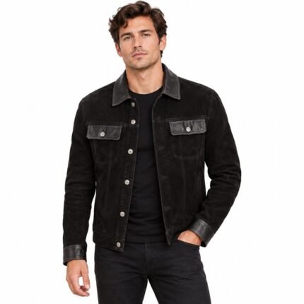 Black suede leather jacket with contrast collar, flap pockets, and silver snap buttons