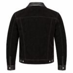 Black suede leather jacket with contrasting leather cuffs, collar, chest pockets, and button details