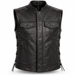 Black leather vest featuring a stand-up collar, snap-flap chest pockets, zippered pockets, and lace-up side panels.