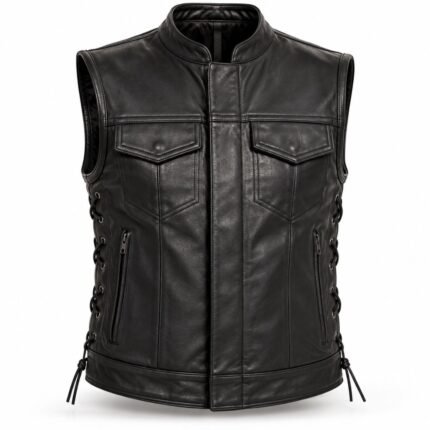 Black leather vest featuring a stand-up collar, snap-flap chest pockets, zippered pockets, and lace-up side panels.