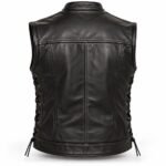 Black leather vest with a structured back, stitched panels, and adjustable lace-up sides.