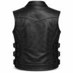 Rear of the Shadowstrike Black Leather Biker Vest showing textured black leather, stitched V-shaped back yoke, structured panels, and adjustable side buckles
