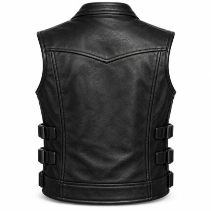 Rear of the Shadowstrike Black Leather Biker Vest showing textured black leather, stitched V-shaped back yoke, structured panels, and adjustable side buckles