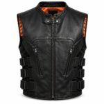 Black leather biker vest with central metal zipper, snap-tab collar, two angled zippered pockets, orange lining, and adjustable side straps