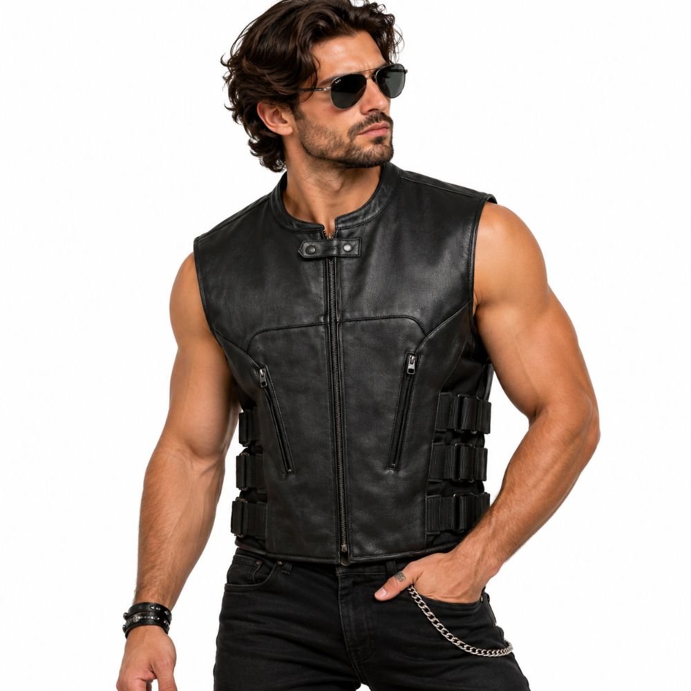 shadowstrike-black-leather-biker-vest-model.jpg Shadowstrike Black Leather Biker Vest worn by a male model, featuring a stand collar, front zipper, angled chest seams, and adjustable side straps