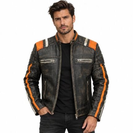 Men's black distressed leather racer jacket with orange and white racing stripes