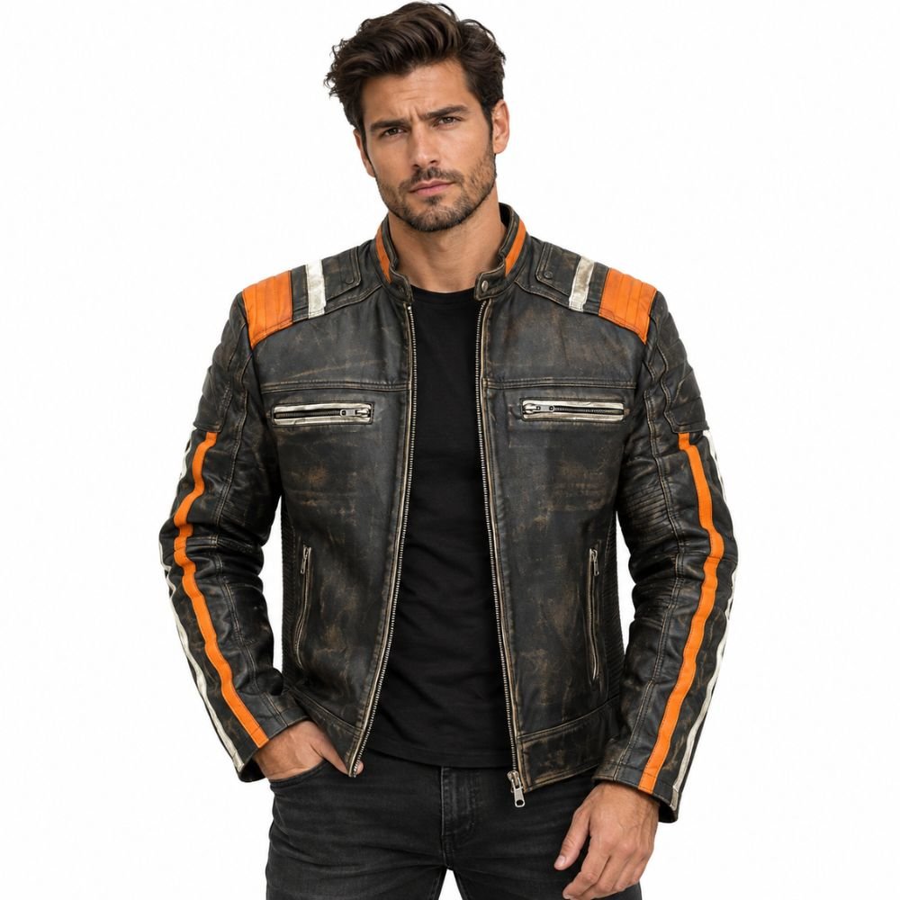 striker-black-distressed-leather-racer-jacket Men's black distressed leather racer jacket with orange and white racing stripes