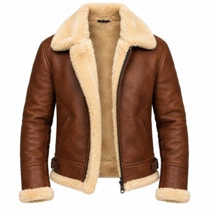 Rich brown leather jacket featuring a cream shearling collar, textured lining, long sleeves, metal zipper, waist buckles and plush trim on a clean white background.