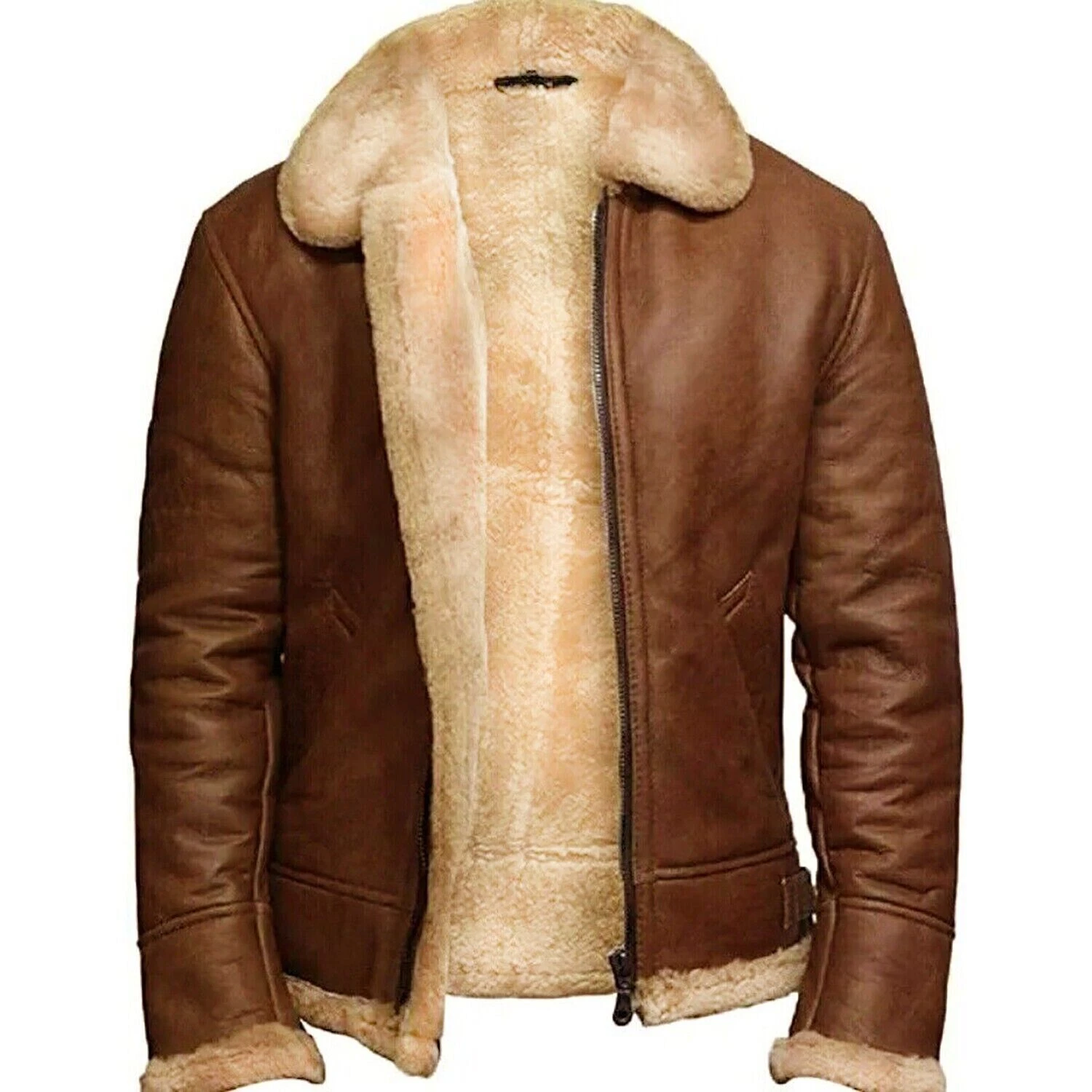 tom-hardy-inspired-brown-shearling-leather-jacket.jpg Brown shearling leather aviator jacket with fur lining, front zipper closure, and classic winter bomber style design for men.