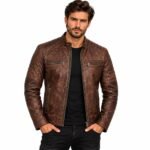 Men's brown quilted leather biker jacket with zippered pockets and stand collar