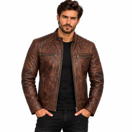 Men's brown quilted leather biker jacket with zippered pockets and stand collar