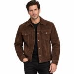 Wilder brown suede leather jacket with pointed collar and button closure